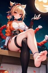 1girls 5_toes ai_generated bandage barefoot big_breasts black_legwear blonde_hair breasts cleavage closed_mouth clothed crossed_legs feet female female_only foopanthia foot_fetish from_below genshin_impact looking_at_viewer looking_down moon night orange_eyes self_upload shimenawa sitting smile soles solo thick_thighs thighs toes yoimiya_(genshin_impact)