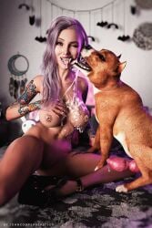 3d 3d_(artwork) animal_genitalia animal_penis big_breasts canine daz3d daz_studio dog_penis high_heels johncooperbeast3dx kissing kissing original_character original_characters photorealism pierced_nipples piercing purple_eyes purple_hair realistic septum_piercing sloppy sloppy_kiss spit tattoo tattooed_arm zoophilia zoophilia