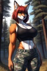 ai_generated anthro black_tank_top busty camouflage_pants female female_only fox frosting.ai furry fursona green_eyes muscular_stomach red_hair red_skin