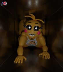 1girls 3d animatronic areolae ass bib big_breasts butt eyelashes female female_only feversfm five_nights_at_freddy's five_nights_at_freddy's_2 glowing_genitalia large_breasts looking_at_viewer nipples orange_nipples sharp_teeth solo solo_female solo_focus thick_thighs thighs toy_chica_(fnaf) vent white_eyes yellow_body yellow_skin