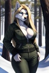 ai_generated anthro blonde_hair blue_eyes busty canine cleavage female female_only frosting.ai furry furry_female fursona green_jacket green_pants grey_fur mammal wolf