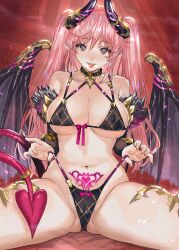 1girls ass bikini black_bikini blue_eyes breasts cleavage commentary_request covered_nipples demon_girl demon_tail demon_wings female female_only hair_between_eyes heart heart-shaped_pupils heart_tail highres long_hair looking_at_viewer navel original photoshop_(medium) pink_hair pointy_ears pubic_tattoo ran'ou_(tamago_no_kimi) sitting smile solo spread_legs succubus succubus_tattoo swimsuit symbol-shaped_pupils tail tattoo teeth tongue tongue_out twintails wings