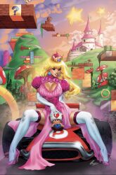 1girls 2023 blonde_hair elias_chatzoudis female_focus female_only hi_res high_heels huge_breasts mario_(series) princess_peach seductive_look solo_female solo_focus stockings super_mario_bros.