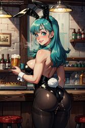 1girls after_sex ai_generated ass black_legwear black_leotard bulma_(bunny) bulma_briefs bunny_ears cum cum_in_ass cum_on_ass dragon_ball female indoors leotard pantyhose playboy_bunny solo standing tagme tavern vertiloart