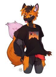 animal_humanoid anthro canid canid_humanoid canine clothed clothing duskihorns fox fur grey_body grey_fur hi_res humanoid male mammal mammal_humanoid orange_body partially_clothed pinup pose solo