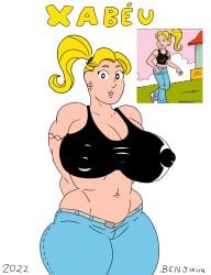 benjikun big_breasts black_shirt black_skirt blonde_hair brazil brazilian female huge_breasts ibispaintx jeans light-skinned light-skinned_female light_skin lipstick looking_at_viewer monica's_gang ponytail solo tagme turma_da_monica watermark white_background xabeu_(tdm)