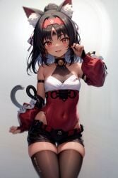 1girls ai_generated animal_ear_fluff bangs bare_shoulders bell black_hair black_shorts blush cat_ears cat_girl cat_tail catgirl covered_navel dark-skinned_female dark_skin exposed_shoulders female forehead_mark grey_background hairband inner_ear_fluff jingle_bell leotard long_hair looking_at_viewer medium_breasts minishorts navel nekomiya_mana open_mouth orange_eyes puffy_sleeves red_hairband red_leotard short_shorts simple_background skindentation smile solo tail thick_thighs thigh_gap thighhighs thighs zenless_zone_zero