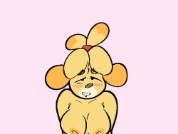 animal_crossing animated anthro big_breasts black_eyes blush blush_lines bodily_fluids bouncing_breasts breasts canid canine canis colored cowgirl_position domestic_dog female female_on_top female_penetrated from_front_position fur heart isabelle_(animal_crossing) looking_pleasured mammal mikifluffs nintendo nipples nude on_bottom on_top penetration pink_background saliva saliva_string sex simple_background solo yellow_body yellow_fur