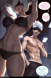 1boy 1girls abs android android_girl blindfold bra breasts crossover english_text female jujutsu_kaisen kitagawa_marin large_breasts male nier nier:_automata panties satoru_gojo shirtless_male short_hair sono_bisque_doll_wa_koi_wo_suru spiky_hair text white_hair yorha_2b_(cosplay) zumi