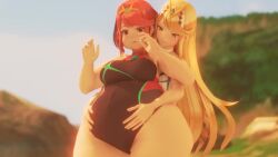 2girls 3d animated bbw belly big_belly blonde_hair breast_expansion breasts fat groping groping_belly groping_from_behind hips huge_breasts huge_thighs long_hair music mythra nurico plump pyra red_hair short_hair sound thick_thighs thighs video voluptuous wide_hips xenoblade_(series) xenoblade_chronicles_2