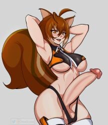 1futa animal_ears armpits arms_up balls balls_in_panties big_breasts blazblue bottomless breasts brown_hair clothed clothing elbow_gloves erection futa_only futanari heedraws huge_cock humanoid humanoid_penis light-skinned_futanari light_skin makoto_nanaya mostly_nude penis short_hair skindentation smooth_balls smooth_penis solo standing thick_thighs thighhighs wide_hips