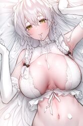 1girls absurdres armpits azur_lane black_ribbon blush bra braid breasts breasts_apart bridal_veil closed_mouth commentary_request elbow_gloves female frills gloves hair_between_eyes hair_ribbon hermione_(azur_lane) highres large_breasts lingerie long_hair looking_at_viewer lying mouth_hold navel on_back on_bed oyuwari petals ribbon ribbon_in_mouth sleeveless solo stomach underwear veil white_bra white_gloves white_hair yellow_eyes