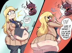 2girls artist_name ass belly belly_button belly_overhang big_ass big_belly blonde_hair breasts bucketsfa demon demon_girl demon_horn dialogue dotodonoto emilia_von_schleuse english_text esse_ter_vigilia fat long_hair multiple_girls navel no_panties nose_bubble sleep_bubble sleeping some_bullshit speech_bubble text weight_gain zzz