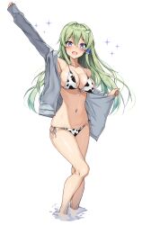 1girls 2020s 2023 :d absurd_res alternate_costume amagi_(amagi626) animal_print arm_up armpits bare_legs barefoot bikini blue_eyes blush breasts cleavage collarbone cow_print cow_print_bikini curvy frog_hair_ornament front-tie_bikini_top front-tie_top full_body green_hair grey_jacket hair_between_eyes hair_ornament hair_tubes halterneck happy hi_res jacket kochiya_sanae large_breasts light-skinned_female light_skin long_hair long_sleeves looking_at_viewer navel no_pants open_clothes open_jacket open_mouth outstretched_arm sanae_kochiya side-tie_bikini_bottom sidelocks simple_background skindentation sleeves_past_wrists smile solo sparkle standing stomach string_bikini swimsuit thighs touhou underboob wading water white_background