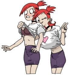 2girls bra breasts cartoon_network cleavage eyelashes female foster's_home_for_imaginary_friends frankie_foster imaginary_frankie looking_down multiple_girls navel red_hair shirt_lift skin_tight v_sign wink zippppiz