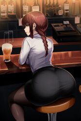 1girls ass ass_bigger_than_head ass_focus big_ass big_breasts black_skirt bottom_heavy braid braided breasts chainsaw_man close-up collared_shirt curvy from_behind huge_ass makima_(chainsaw_man) niflheim_(artist) panties_visible_through_clothing pantylines ponytail shirt sitting skirt thick_ass voluptuous