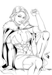 1girls big_breasts black_and_white breasts cape cleavage corset daniele_torres elbow_gloves emma_frost female female_only hellfire_club ink marvel marvel_comics monochrome navel panties sitting solo stoodgyboy thick_thighs thighhighs thighs white_queen x-men