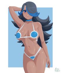 1girl 1girls artist_signature belly belly_button bikini black_hair blue_eyes blue_hair blue_highlights breasts dark-skinned_female dark_skin eyeshadow game_freak grin hair_over_one_eye kai-too long_hair nintendo pokemon pokemon_oras red_lipstick shelly_(pokemon) shelly_(pokemon_oras) solo team_aqua two_tone_body