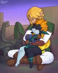 1boy 1girls 2020s 2023 5_toes blonde_hair blush closed_eyes cobatsart color colored couple crossed_legs cuddle cuddling cute female hi_res hugging hugging_from_behind imp imp_midna link link_(twilight_princess) male midna nintendo oerba_yun_fang orange_hair pointy_ears post_orgasm romantic shortstack sitting sitting_on_lap size_difference smile the_legend_of_zelda toes twilight_princess twitter_link video_game_character video_game_franchise watermark wholesome