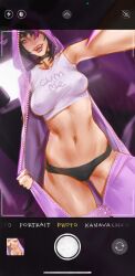 1girls abs black_hair crop_top demanding juri_han kanavachan medium_breasts muscle_girl naked_onesie nipples nipples_visible_through_clothing no_bra one_eye_obstructed onesie open_clothes open_mouth open_pajamas pajamas panties phone_screen photo pierced_nipples selfie sexting solo street_fighter street_fighter_6 taking_picture teasing thick_thighs