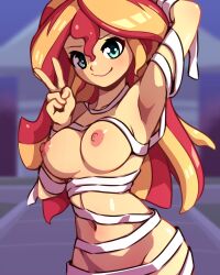 10s 1girls 2019 aqua_eyes areolae armpits bandages belly big_breasts blonde_hair breasts casual curvy equestria_girls female friendship_is_magic hasbro hi_res human humanized large_breasts long_hair looking_at_viewer multicolored_hair my_little_pony navel nipples nude one_hand_behind_head peace_sign red_hair rockset smile solo sunset_shimmer v_sign voluptuous