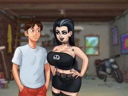 1boy 1girls 2d big_breasts black_hair black_lipstick breasts choker cleavage clothed clothing curvy curvy_body curvy_female curvy_figure darkcookie digital_drawing_(artwork) digital_media_(artwork) female fishnet fishnet_legwear garage goth goth_girl hand_on_hip hands_on_hips hands_on_waist legwear light-skinned_female light-skinned_male light_skin lipstick long_hair looking_at_another looking_at_partner main_character_(summertime_saga) male male/female odette_(summertime_saga) room shirt shorts skirt smile smiling standing summertime_saga tattoo tattoos thick_thighs