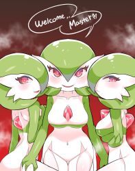 3girls :< arm_under_breasts back back_view blush bob_cut breast_grab breasts bright_pupils cleavage closed_mouth collarbone colored_skin cowboy_shot crossed_arms ddingyong english_text from_side gardevoir generation_3_pokemon gradient_background green_hair green_skin groin hair_between_eyes hair_over_one_eye hand_on_another's_leg hand_on_breast hand_up happy heart hips holding_breast humanoid looking_at_viewer medium_breasts multicolored_skin multiple_girls navel one_eye_covered open_mouth pokémon_(species) pokemon pokemon_(species) profile red_background red_eyes short_hair simple_background smile speech_bubble spoken_heart standing steam stomach straight-on talking text text_bubble two-tone_skin white_body white_pupils white_skin wide_hips