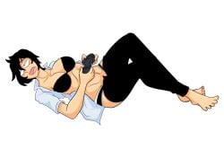 1girls big_breasts bike_shorts_pull black_hair bra busty cleavage curvy feet female female_only game_controller hi_res large_breasts legs lying navel open_shirt original pants_pull panty_pull perezosodraw short_hair solo thick_thighs thighs tomboy toned voluptuous