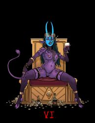 cigarette_holder ciocie_cioelle ciocie_cioelle_estrella_von_maximus_the_third coins demon demon_girl female garter_straps glasses gold_jewelry horns kill_six_billion_demons lingerie mask masked orbital_dropkick_(artist) purple_skin scales sitting spread_legs tagme tail tail_tuft throne wine wine_glass