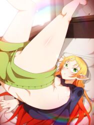 bed bed_sheet blonde_hair breasts breasts_out_of_clothes clothing elf elf_female female female female_only green_eyes green_shorts high_resolution isekai_ojisan jewelry long_hair no_panties nopan on_bed pillow pussy rbx_lamen shorts solo sui_(isekai_ojisan) sweat thighs tsundere uncensored wardrobe_malfunction