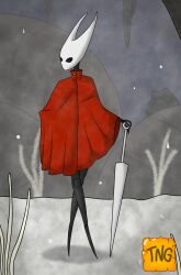 anthro black_body bug cave cloak cloak_only dress female female_only hollow_knight hornet_(hollow_knight) insects nail nail_(weapon) poncho red_clothing skirt snow standing the_nameless_guy waiting white_head