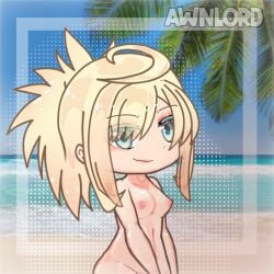 awnlord beach blonde_hair blue_eyes breasts gacha gacha_club gacha_heat gacha_life nipples nude nude_on_the_beach ponytail