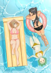 2020s 2023 3girls absurd_res ass bikini black_hair breasts cleavage dark-skinned_female dark_skin female floating full_body green_eyes green_hair haruka_(senran_kagura) hi_res hikage_(senran_kagura) homura_(senran_kagura) karehaman large_breasts light_brown_hair long_hair multiple_girls outdoors pool senran_kagura short_hair swimsuit tattoo water yellow_eyes