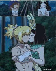 2girls amaryllis_(dr.stone) black_hair blonde_hair blush breast_grab closed_eyes comic dr.stone fondling kissing kohaku_(dr.stone) low-key_lighting multiple_girls night on_model outdoors volter_x_volter yuri