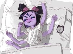 anthro arachnid arthropod bed blep clock clothing cute female in_bed insect_girl insects light-female monster muffet on_bed pillow sleeping t-shirt tongue tongue_out twintails undertale undertale_(series) video_games zippppiz
