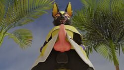 16:9 3d_(artwork) animal_genitalia animal_penis anthro anubian_jackal anus balls bandai_namco blender_(software) breasts canid canine canine_genitalia canine_penis canis clothed clothing digital_media_(artwork) doublestuffed ear_piercing egyptian english_text full-package_futanari fur futanari genitals herm hermaphrodite hi_res intersex jackal looking_at_viewer looking_down low-angle_view mammal multi_genitalia namco pac-man_(series) pac-man_party partially_clothed patra_(pac-man) penis piercing purple_eyes pussy solo standing text widescreen worm's-eye_view yellow_body yellow_fur