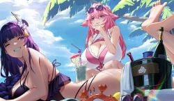 2girls a_kite_(akitee) absurdres animal_ears barefoot beach bikini bird blunt_bangs blush bottle breasts bucket cleavage clenched_teeth cloud cocktail cup drink eyewear_on_head feet fingernails genshin_impact hair_between_eyes hair_ornament highres holding holding_cup huge_breasts ice ice_cube light_particles liquid long_hair looking_at_another lying multiple_girls on_stomach one_eye_closed outdoors palm_tree pink_bikini pink_hair pink_nails purple_bikini purple_eyes purple_hair raiden_shogun sky smile soles spread_toes sunglasses sunlight swimsuit teeth toes tree white_bikini yae_miko