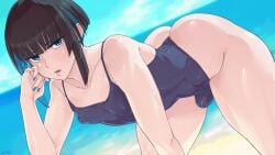 1boy all_fours androgynous ass ass_up athletic athletic_male beach big_ass black_hair blue_eyes blue_hair blue_nail_polish blue_nails blush erect_nipples erect_penis erection erection_under_clothes femboy femboy_only feminine feminine_body feminine_male feminine_pose girly kuroino_(0kuro8ino6) large_ass legs_apart male male_focus male_only mirel_(kuroino) open_mouth original pale-skinned_male pale_skin pose posing puffy_nipples slim_waist small_waist solo solo_focus solo_male swimsuit swimsuit_bulge thick thick_legs thick_thighs thighs tiny_waist trap two_tone_hair