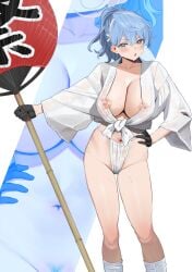 :o ako_(blue_archive) alternate_costume artist_request blue_archive blush embarrassed fan fundoshi gehenna_academy_student gloves happi huge_breasts japanese_clothes mostly_nude nipples_visible_through_clothing paper_fan prefect_team_(blue_archive) pubic_hair robe tagme_(artist) yamakasa