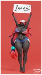 3_toes 3d 3d_(artwork) american_flag_bikini anthro bedroom_eyes big_breasts bikini bikini_top black_and_red_hair black_clothing black_thong black_underwear bom39 border bottomwear breasts claws clothed clothing cutoffs dark_body dark_fur denim denim_clothing digital_media_(artwork) feet female fur generation_5_pokemon hat headgear headwear hi_res holding_object holding_sign looking_at_viewer narrowed_eyes navel nintendo pokemon pokemon_(species) raised_arm red_background red_claws seductive shorts sign signature simple_background skimpy skimpy_bottomwear smile smiling_at_viewer solo standing_on_toes stars_and_stripes swimwear thick_thighs thong toes toned_legs toned_thighs torn_bottomwear torn_clothing underwear united_states_of_america watermark white_border wide_hips zoroark