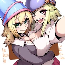 2girls dark_magician_girl gagaga_girl school_uniform symmetrical_docking yu-gi-oh! yuri