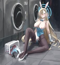 absurdres animal_ears asuna_(blue_archive) asuna_(bunny)_(blue_archive) asymmetrical_bangs blue_archive blue_leotard blush bow bowtie breasts cameltoe cleaning_&_clearing_(blue_archive) cleavage detached_collar dotthebot fake_animal_ears female gloves hair_over_one_eye halo hand_on_own_crotch high_heels highres large_breasts laundromat laundry_basket leotard leotard_pull light_brown_hair millennium_science_school_student mole mole_on_breast nipples official_alternate_costume pantyhose playboy_bunny sideboob solo strapless strapless_leotard thighband_pantyhose traditional_bowtie white_footwear white_gloves