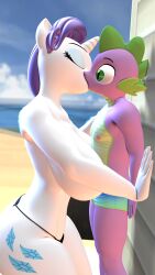 3d_(artwork) absurd_res age_difference anthro beach bikini_thong closed_eyes clothed clothing cutie_mark daemont92 digital_media_(artwork) dragon duo equid equine female friendship_is_magic fur hands_on_wall hasbro hi_res horn kissing male male/female mammal my_little_pony nipples purple_body purple_scales rarity_(mlp) sand scales scalie seaside spike_(mlp) swimming_trunks swimwear topless unicorn unicorn_horn water white_body white_fur wide_eyed