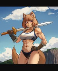 1girls abs bare_arms bare_hips bare_thighs biceps brown_gloves brown_hair chance8000 cleavage_cutout deltoids elbow_gloves hill holding_sword large_breasts light_smile looking_at_viewer midriff muscular_arm muscular_female raccoon_ears raccoon_girl raccoon_tail raphtalia red_eyes short_hair sky smile_at_viewer sports_bikini sports_bra sports_panties tagme tate_no_yuusha_no_nariagari white_sports_bra