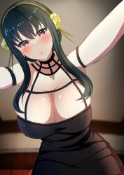 1girls black_hair blush breasts cleavage dress female female_only hug huge_breasts incoming_hug indoors looking_at_viewer open_mouth pov_hug reaching_out reaching_towards_viewer red_eyes short_hair solo spy_x_family tara_(szzj7733) yor_briar yor_forger