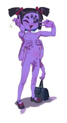 5_eyes anthro arachnid arthropod clever_censor covered_nipples covering covering_breasts covering_crotch female full_body gesture insect_girl insects light-female monster muffet navel open_mouth pointing pointing_at_viewer posing purple_skin school_shoes shoes_only tongue tummy twintails undertale undertale_(series) v_sign video_games wink zippppiz