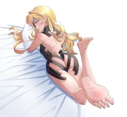 1girls 2020s 2022 ass bare_shoulders barefoot bed_sheet blonde_hair blush bodysuit eyepatch feet female full_body green_eyes hair_over_one_eye hi_res light-skinned_female light_skin long_hair looking_at_viewer lying on_stomach othinus_(to_aru_majutsu_no_index) pillow revealing_clothes shoulder_blades smile soles solo the_pose to_aru_majutsu_no_index toes trebas very_long_hair