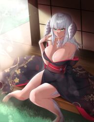 1girls absurdres aki_ukiukidoki au_ra breasts cleavage female final_fantasy final_fantasy_xiv green_eyes highres japanese_clothes kimono large_breasts long_hair non-web_source tagme tail tan warrior_of_light_(ff14) white_hair