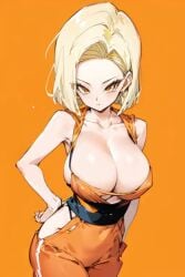 ai_generated android_18 big_breasts blonde_hair dragon_ball dragon_ball_z earrings looking_at_viewer orange_background orange_eyes ravanamillium sportswear