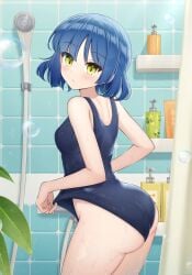 1girls blush bocchi_the_rock! bubble curtain expressionless female female_only huge_ass looking_at_viewer potted_plant pulling_swimsuit rear_view shampoo small_breasts solo swimsuit swimsuit_pull tile_wall yamada_ryou